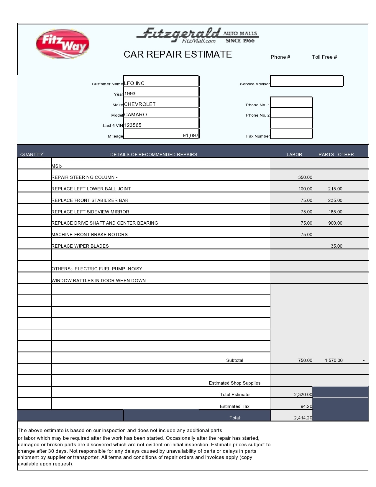 Printable Mechanic Invoice Template