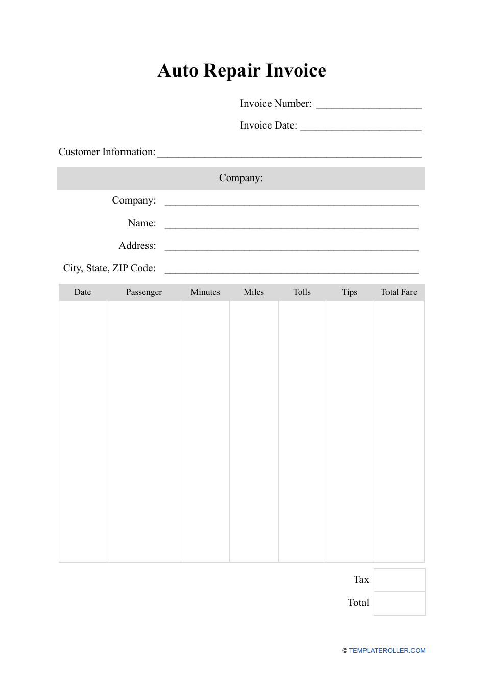 Printable Mechanic Invoice Template