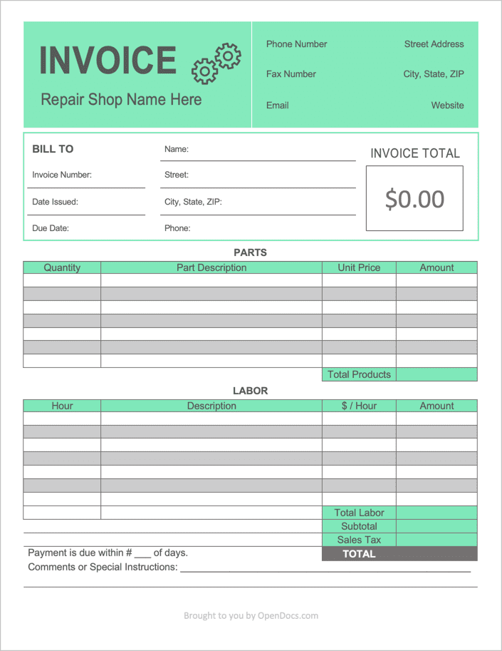 Printable Mechanic Invoice Template Francesco Printable