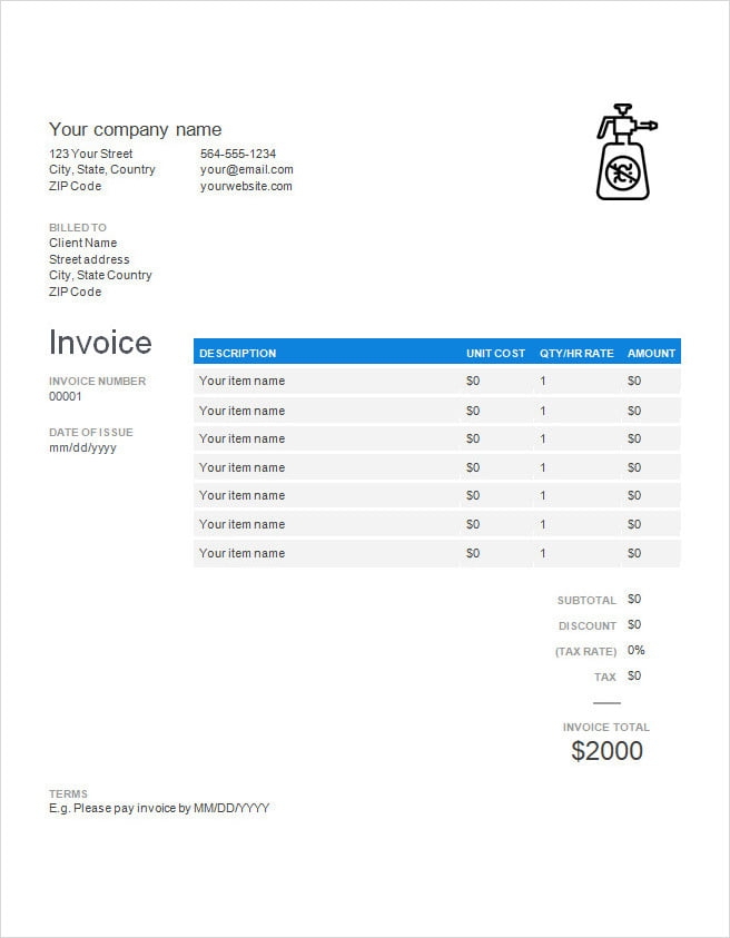 Printable Pest Control Invoice Template