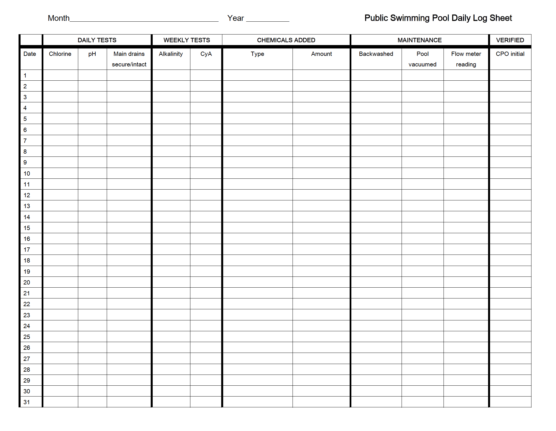Printable Pool Chemical Log Template Free Printable