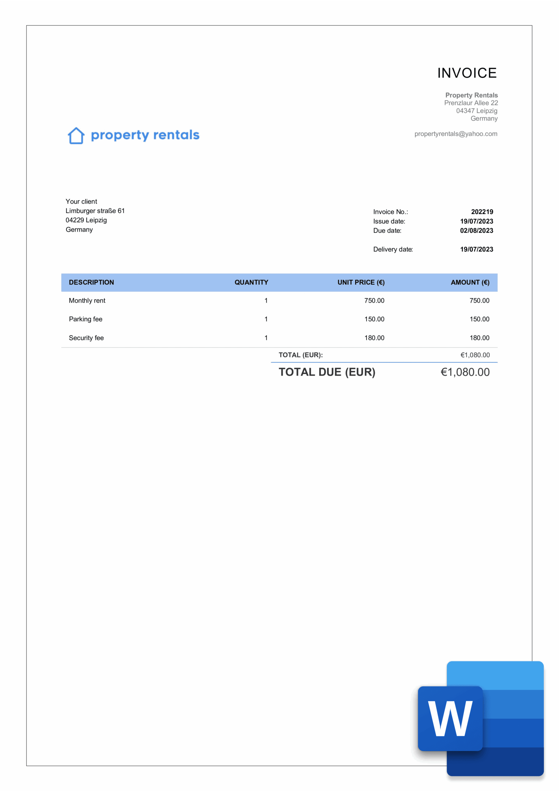 Printable Rental Property Invoice Template