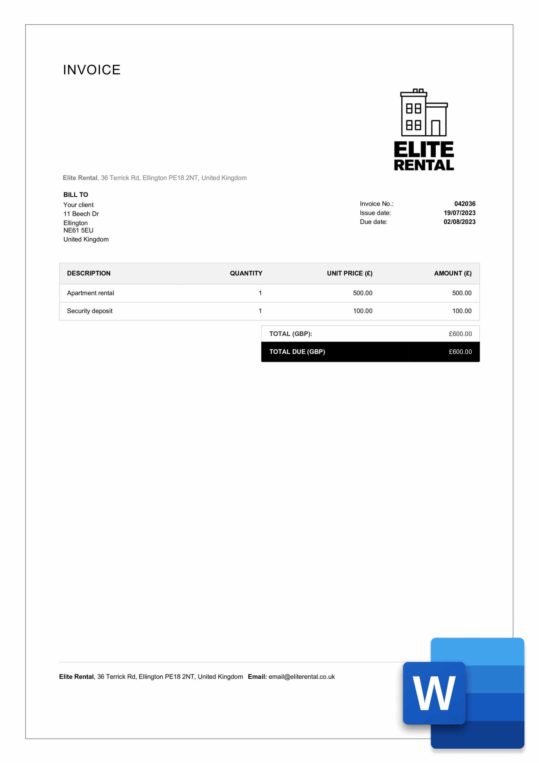 Printable Rental Property Invoice Template