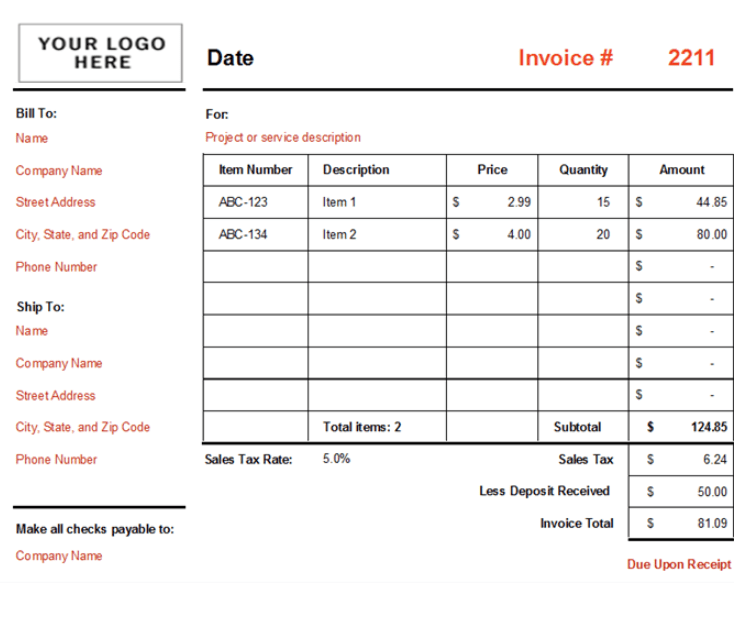 Printable Sales Invoice Template Free Excel Templates