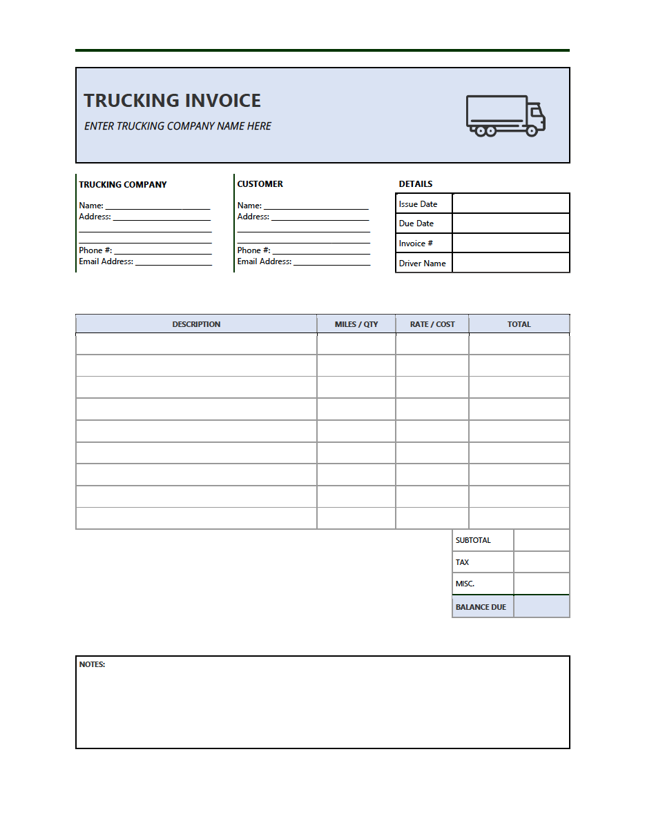 Printable Transport Invoice Template