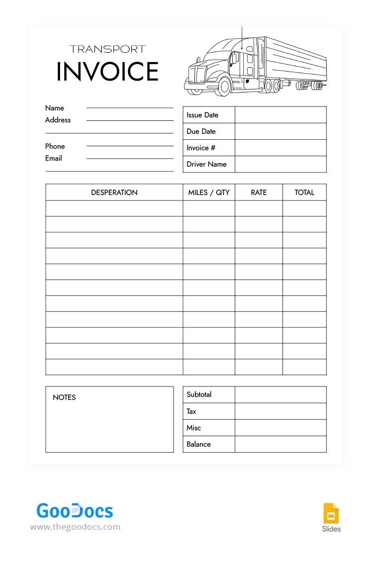 Printable Transport Invoice Template