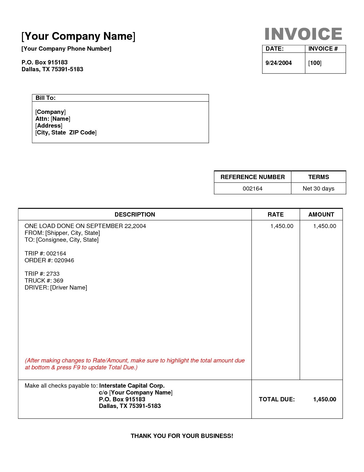 Printable Trucking Invoice Template