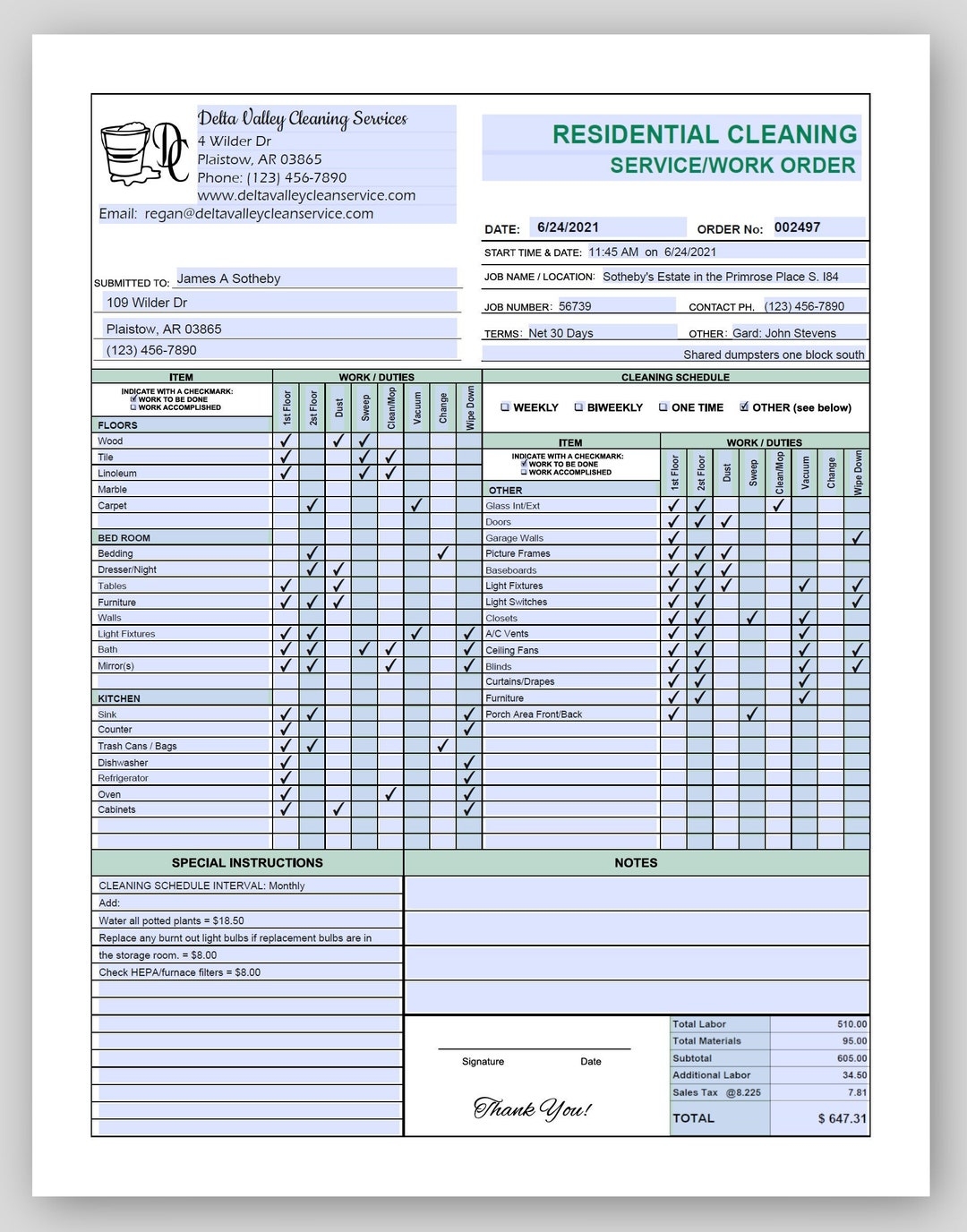Residential Cleaning Service Estimate Invoice Work Order Emerald 