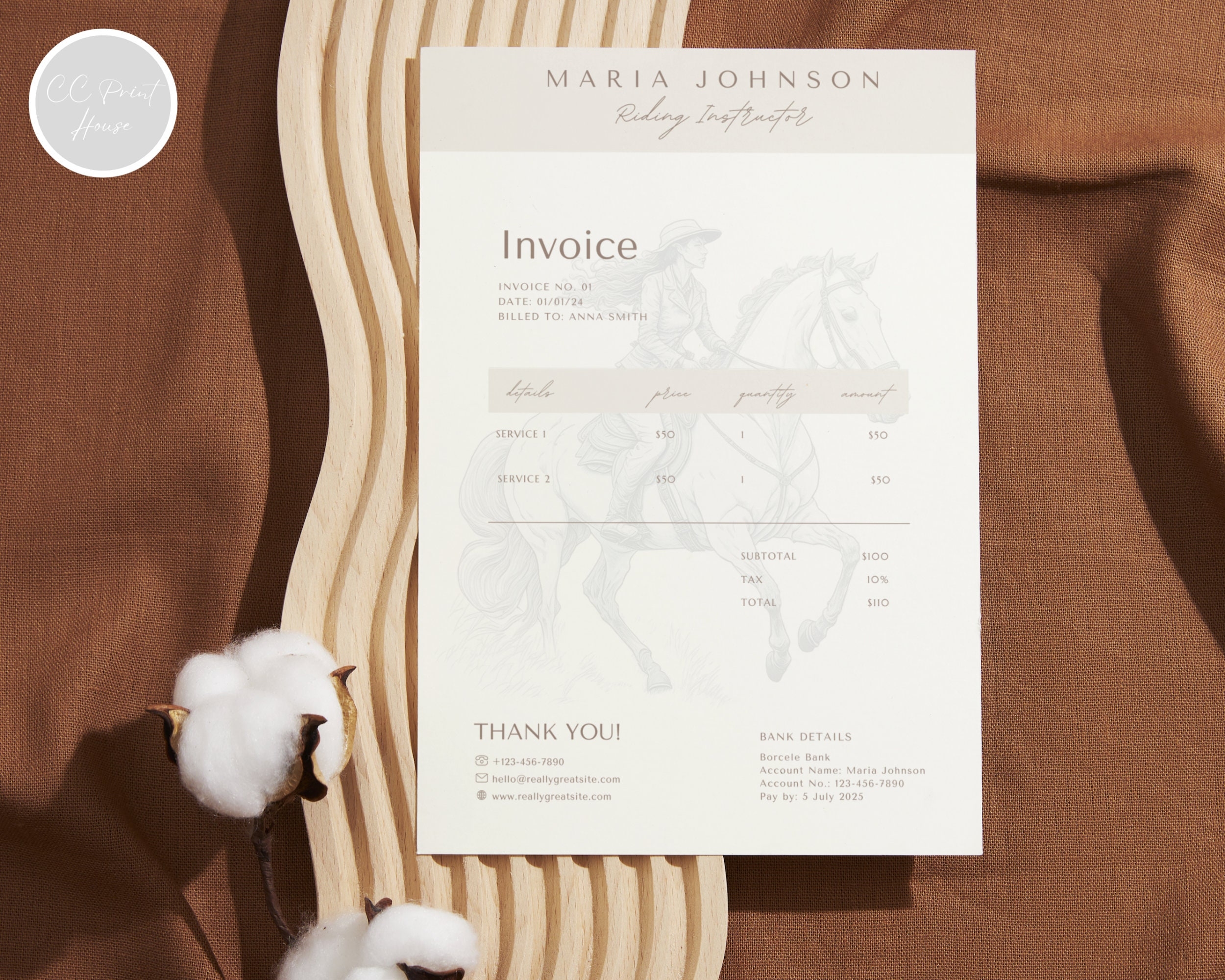 Riding Instructor Invoice Template Horse Trainer Editable Template 