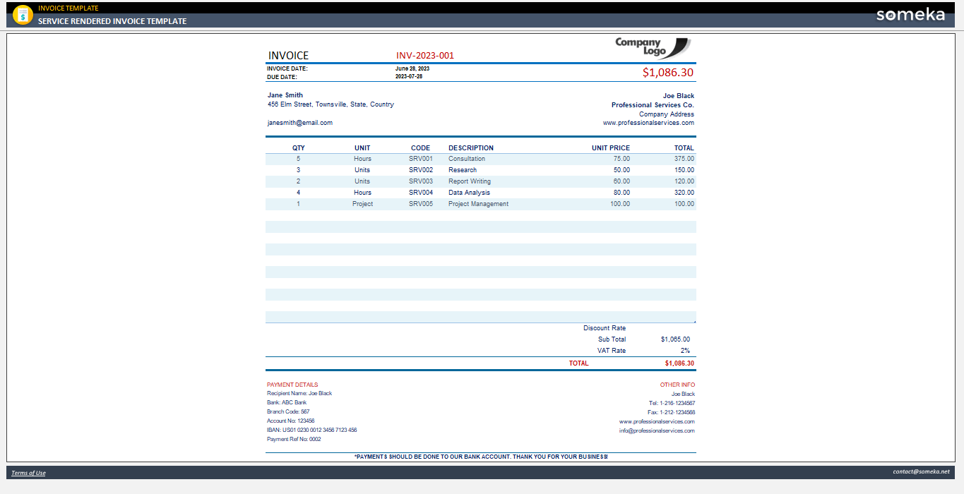Services Rendered Invoice Template Free Template 