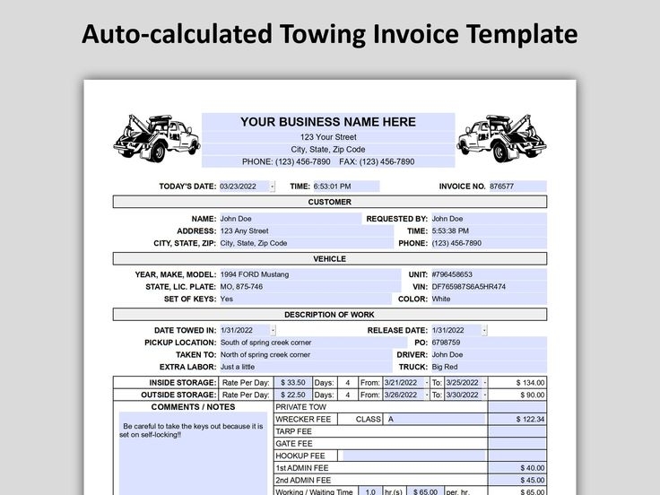 Towing Invoice Template Auto calculated PDF Towing Invoice Form 