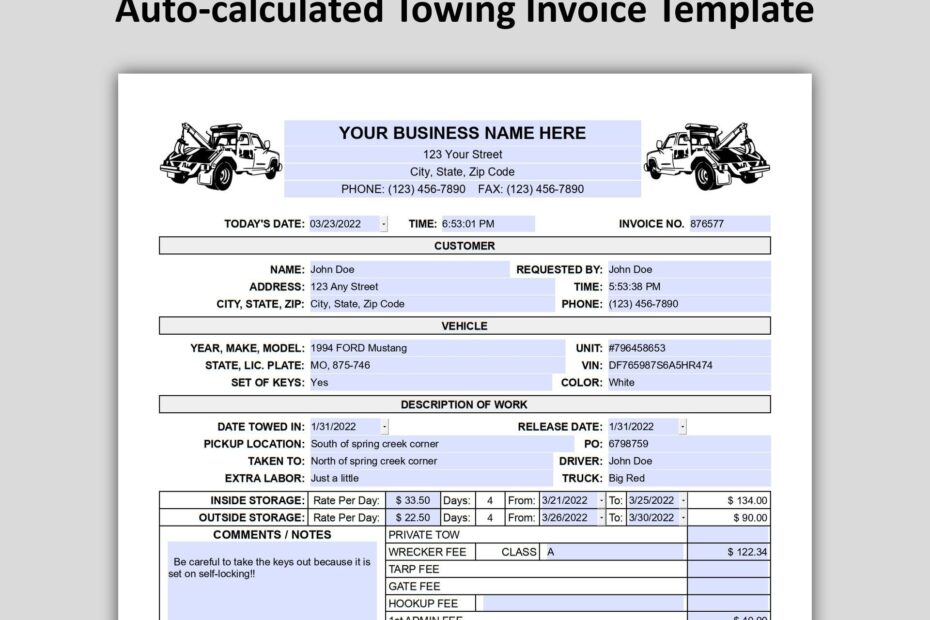 Towing Invoice Template Auto calculated PDF Towing Invoice Form