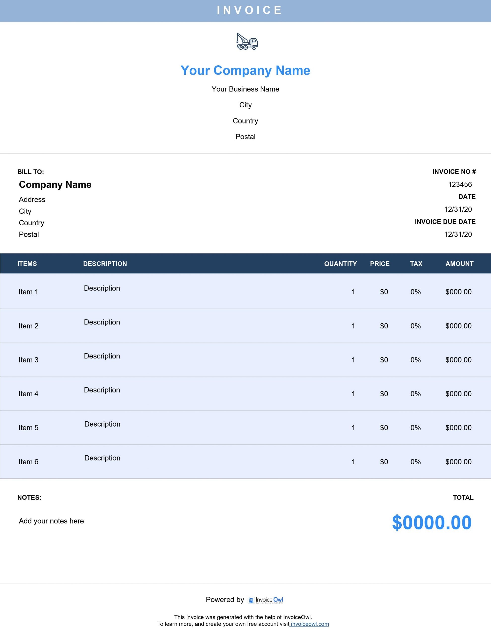 Towing Invoice Template Free Download Customize