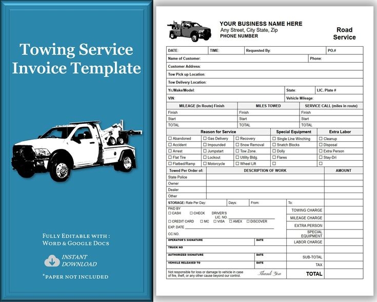Towing Invoice Tow Truck Service Invoice Wrecker Service Invoice 