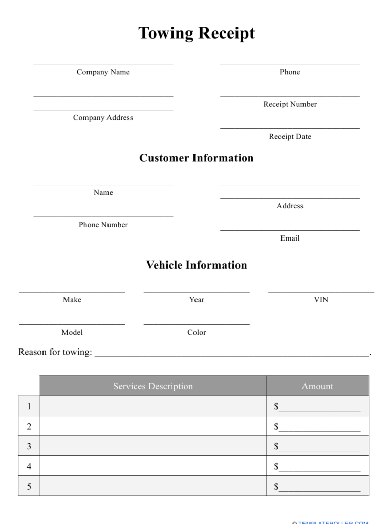Towing Receipt Template Download Printable PDF Templateroller 