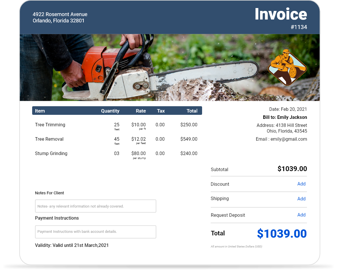 Tree Service Invoice Template Free Professional InvoiceOwl