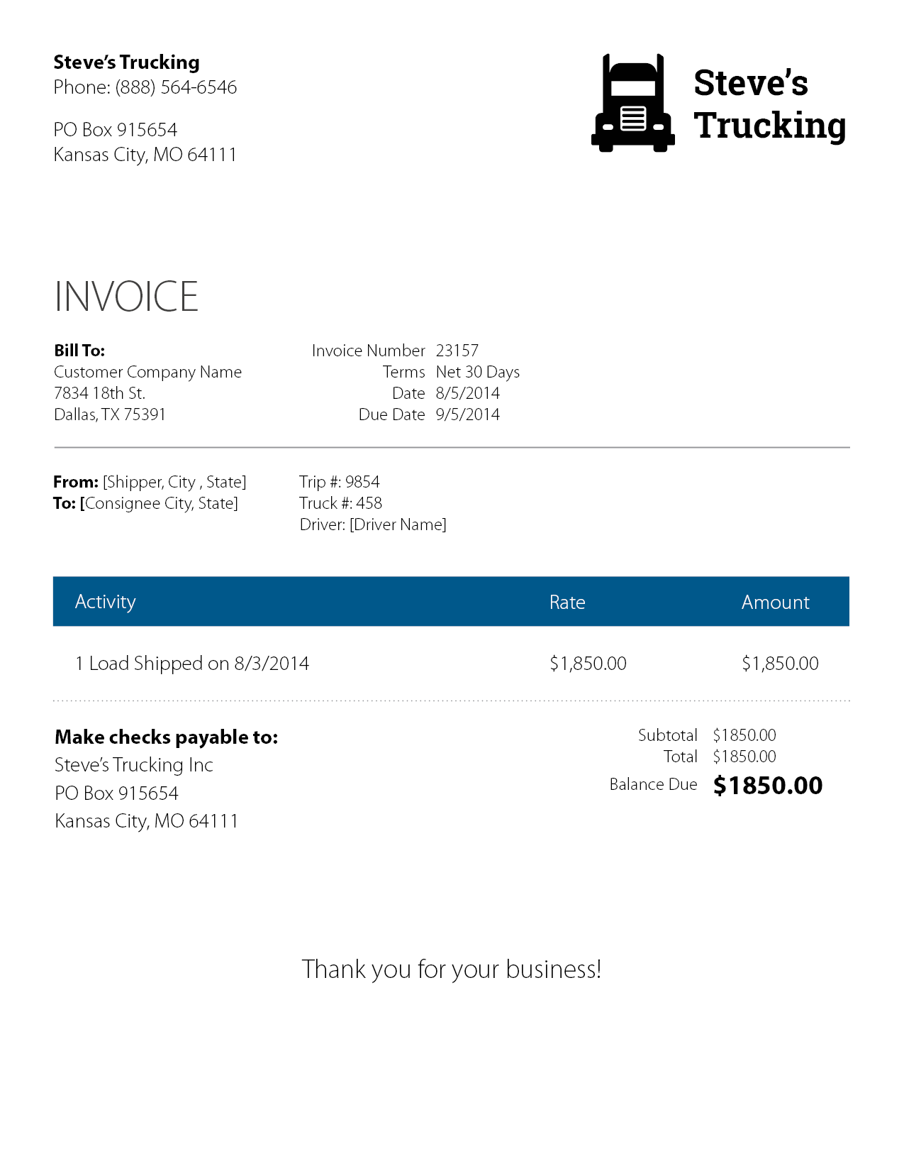 Trucking invoice pdf Db excel
