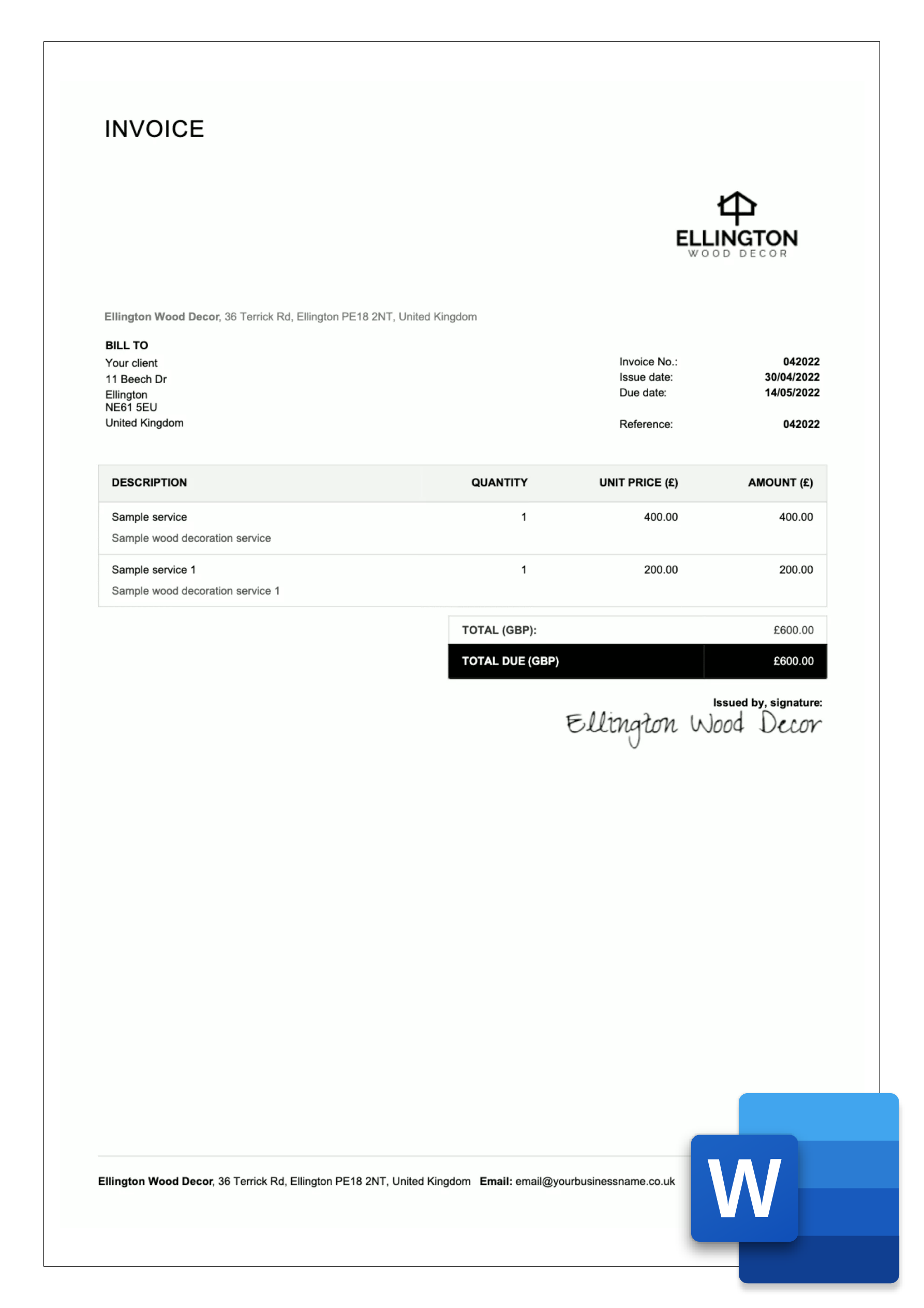 Word Invoice Templates For UK Free Download Billdu