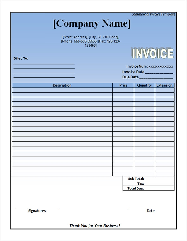 Word Printable Commercial Invoice Template Free Templates Printable
